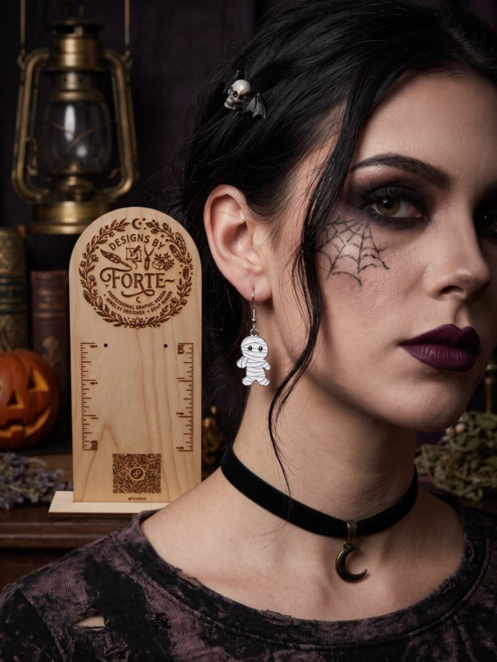 Spooky Enamel Mummy Dangle Earrings - White & Black Halloween Jewelry